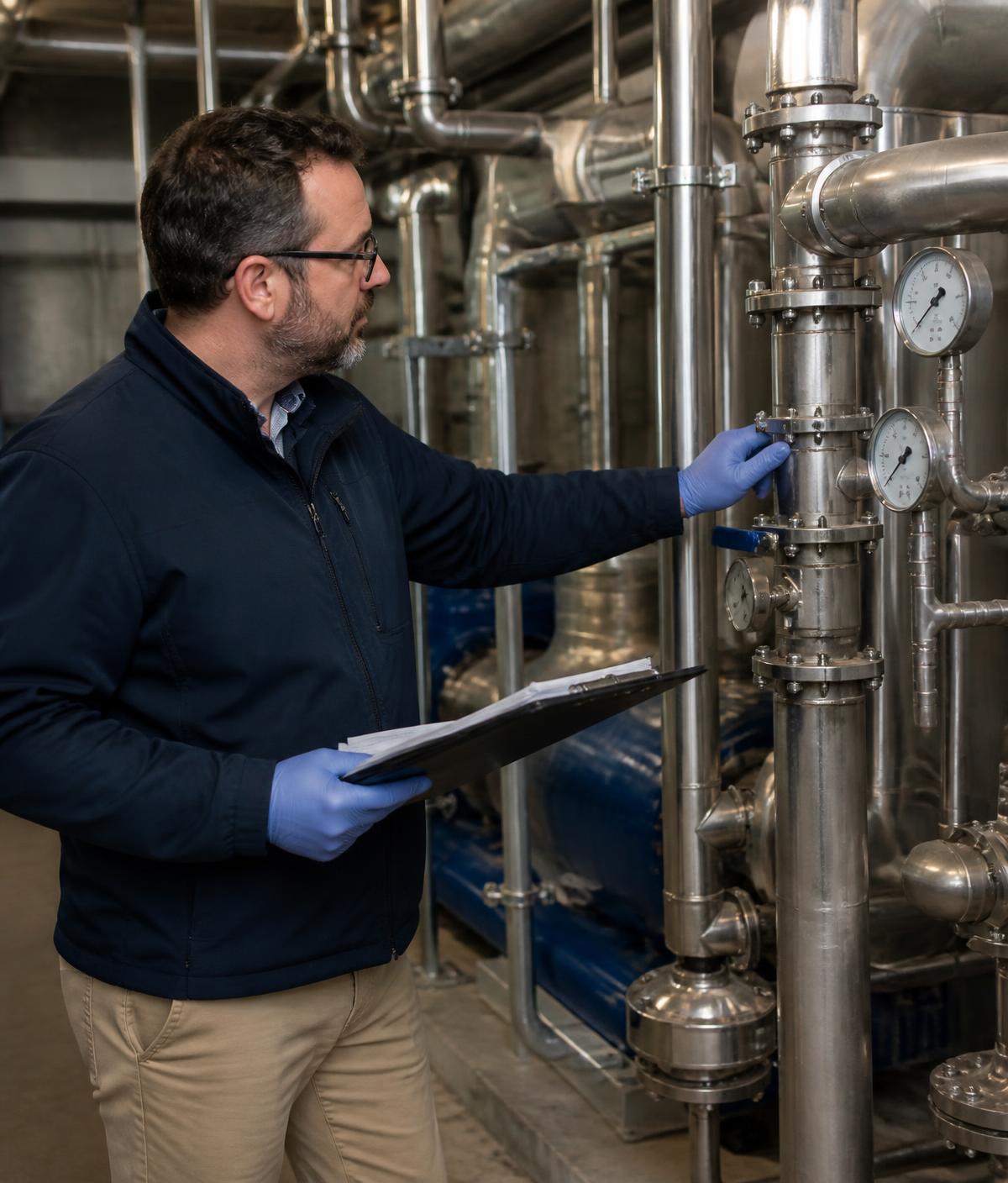 An inspector examining potable water pipework and pressure gauges in a plant room